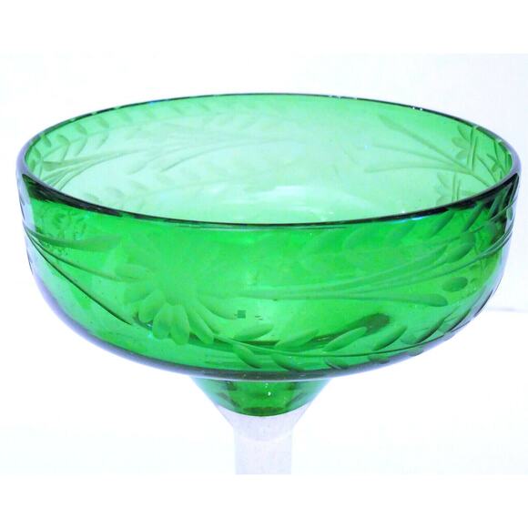 Hand Blown Margarita Glasses 2 Artisan Etched Glass Green Bowl 6.5" Clear Stems - Picture 2 of 6